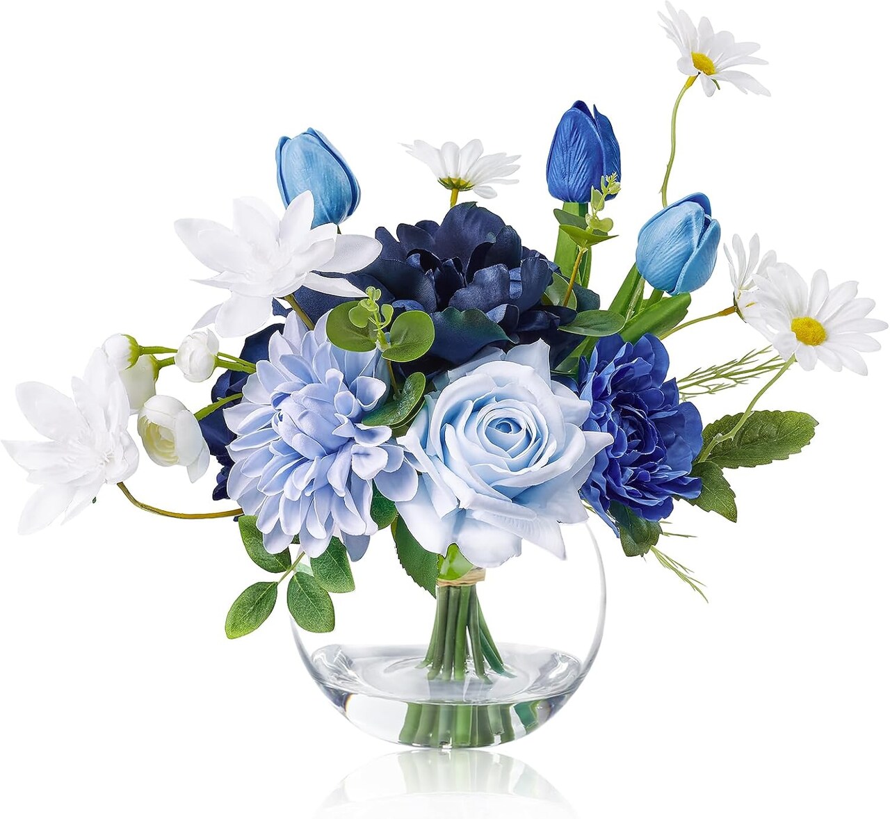Artificial Flowers with Vase Silk Flower Arrangements in Round Bowl Vase with Faux Water for Home Table Decoration (Mixed Blue)